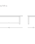 Line drawing of the Itamae Dining Table | Light Oak, a Scandinavian design rectangular table showing front and side views with dimensions: 94 1/2 inches long, 37 1/2 inches wide, 29 inches high, and 71 inches between the legs.