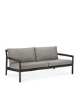 The Ethnicraft Jack Outdoor 2 Seater Sofa features a black teak frame with mocha cushions, offering a modern look and comfort for your outdoor space, shown on a plain white background.