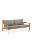 The Ethnicraft Jack Outdoor 2 Seater Sofa features an FSC certified teak frame with armrests, mocha Belgian outdoor fabric cushions, and two matching back cushions, shown against a plain white background.