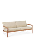 The Ethnicraft Jack Outdoor 2 Seater Sofa features natural beige upholstery, a Grade A teak wooden frame with angled armrests, and includes two seat and two back cushions, shown against a white background.