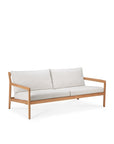 The Ethnicraft Jack Outdoor 2 Seater Sofa features a light teak wood frame, off-white cushions, minimalist design, and angled armrests. Inspired by the Ethnicraft outdoor collection, its shown against a plain white background.