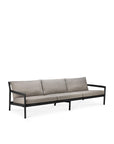 The Ethnicraft Jack Outdoor 3 Seater Sofa features a sleek black teak frame, mocha cushions, and modern design accents, presented on a white background.