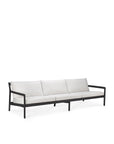 The Jack Outdoor 3 Seater Sofa by Ethnicraft features a black teak frame and off-white cushions, showcased against a plain white background.