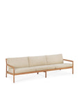 The Ethnicraft Jack Outdoor 3 Seater Sofa features a natural beige cushion and a light teak wood frame, offering a modern look. Displayed on a plain white background.