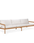 The Ethnicraft Jack Outdoor 3 Seater Sofa features a modern design with a light teak frame, off-white cushioned seats and backrests, set against a plain white background.