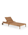 The Ethnicraft Jack Outdoor Adjustable Lounger in teak features an adjustable backrest and two wheels at one end for easy mobility, pictured on a plain white background.