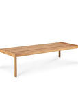 The Ethnicraft Jack Outdoor Coffee Table – Teak features a minimalist rectangular design with rounded edges and four straight legs, shown against a plain white background.
