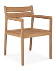 The Ethnicraft Jack Outdoor Dining Chair - Teak (with armrest) features a minimalist design with a slatted backrest, straight legs, and smooth, rounded edges. Crafted from solid teak, its natural finish exudes simple, modern style with classic European refinement.