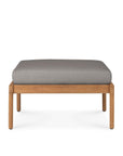 The Jack Outdoor Footstool by Ethnicraft features a mocha cushioned top and sturdy Grade A teak frame, shown against a white background.