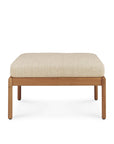 The Ethnicraft Jack Outdoor Footstool in FSC Certified Teak features a natural, outdoor-grade beige cushion and is shown against a plain white background.