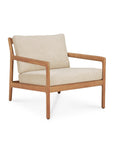 The Ethnicraft Jack Outdoor Lounge Chair features a Grade A teak frame with natural beige cushions, showcasing clean lines and a minimalist design on a white background.