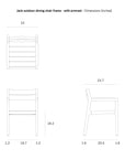 Line drawings show front, side, and top views of the Ethnicraft Jack Outdoor Dining Chair - Teak (with armrest), featuring classic European refinement. Dimensions: width 22, height 32, seat height 18.2, arm height 25.2 (inches).