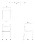 Line drawings of the Ethnicraft Jack Outdoor Dining Chair - Teak (without armrest), showing front, side, and top views with labeled dimensions: height 32, width 22, seat height 18, depth 23.5. Crafted in solid teak.