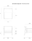 Line drawings of the Ethnicraft Jack Outdoor Lounge Chair - Teak with Off White display front, side, and top views with inch dimensions, highlighting the teak frame’s height, width, depth, and seat/backrest size.