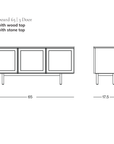 Line drawing of a 3-door Yorke Sideboard by Wooden Stories with dimensions: 65″ wide, 17.5″ deep, and 28″ high. This Scandinavian-inspired sideboard features your choice of wood or stone top, reflecting classic Danish design influences. SOBO Oakland logo in the bottom right corner.