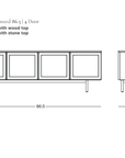 Line drawing of the Wooden Stories Yorke Sideboard featuring four doors and measuring 86.5 inches wide, 28 inches tall, and 17.5 inches deep; available with wood or stone tops for added versatility. Inspired by Danish design furniture, this solid oak sideboard illustration includes the SOBU Oakland logo in the lower right corner.