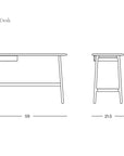 Line drawing of the Author Desk | Light Oak by Wooden Stories with dimensions: 59"W x 21.5"D x 29.5"H, featuring a small drawer and the SOBU Oakland logo in the corner.