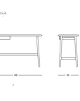 Line drawing of a minimalist, contract grade Author Desk | Light Oak by Wooden Stories, measuring 49" W x 19" D x 29.5" H, inspired by Danish design and featuring a small left drawer.