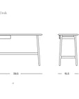 Line drawing of the Author Desk | Light Oak by Wooden Stories, a solid wood desk with front and side views. Dimensions: 39.5" W x 15.5" D x 29.5" H. Includes a small shelf beneath the desk surface.