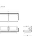 Line drawing of a comfortable Cherry Sofa | Leather 2.5 Seater by Wooden Stories, with front, side, and top dimensions labeled: overall width is 86.5″, height is 36.5″, seat height is 26″, and depth is 36.5″—perfect for any modern living space. SOBU Oakland logo in the bottom right corner.