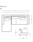 Line drawing of the Islet Modular Sofa | Leather • M1, showing its L-shaped configuration with labeled dimensions. Features side and top views, detailed notes highlighting the solid oak platform base and durable leather upholstery, and the Wooden Stories logo in the bottom right corner.