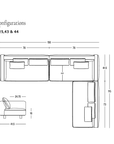 Line drawing of the Islet Modular Sofa | Fabric • M2 by Wooden Stories, shown as a sectional with labeled measurements, cushion placements, and the Wooden Stories logo in the lower right corner. Featuring a solid oak platform for enhanced stability and style, this design highlights its durable upholstery. Text at top left reads: Islet Configurations M2 RHF 12001-25,43 & 44.