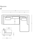 Diagram displaying measurements with top and side views of the Islet Modular Sofa | Leather • M1, featuring a modular design with an extended chaise, solid oak platform, and durable upholstery. Labeled as Islet Modular Sofa | Leather • M1 by Wooden Stories with dimensions provided; Wooden Stories logo appears in the bottom right corner.