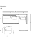 Line drawing of the Islet Modular Sofa | Leather • M3 sectional by Wooden Stories with measurements. The L-shaped modular sofa features three seat cushions, three back cushions, short legs, and a solid oak platform for enhanced stability. Durable leather upholstery is highlighted in the labeled dimensions and configuration details. The Wooden Stories logo appears in the bottom right corner.
