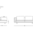 Line drawing of a modern modular sofa shown from the side and front with dimensions. The sofa, labeled Islet Sofa | Leather, features a solid oak platform for stability and style. Durable leather upholstery adds comfort and longevity, while the Wooden Stories logo is displayed in the bottom right corner.