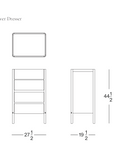 Line drawing of a 4-drawer dresser with front, side, and top views, showing measurements: 27.5” wide, 19.5” deep, 44.5” tall. Designed as part of the Danish Collection by Wooden Stories, this Nell Tall Dresser features premium metal runners for smooth operation and ample bedroom storage. SOBU Oakland is also shown.