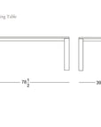 Line drawing of the Oli Dining Table by Wooden Stories, crafted in solid American oak and built to contract grade standards. Dimensions: 78.5" L x 39.5" W x 29.5" H. Sobu Oakland logo shown.