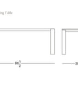 Line drawing of a rectangular solid American oak Oli Dining Table by Wooden Stories, measuring 86.5" L x 39.5" W x 29.5" H, part of the Danish collection, with the SOBO Oakland logo in the bottom right corner.