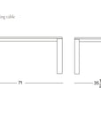Line drawing of the Oli Dining Table by Wooden Stories, crafted in solid American oak, 71" L x 35.5" W x 29.5" H; Wooden Stories logo shown on the image.