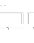 Line drawing of a rectangular solid American oak Oli Dining Table by Wooden Stories with dimensions: 86.5 inches long, 35.5 inches wide, and 29.5 inches tall. Crafted to contract grade standards with a durable polyurethane finish for lasting beauty. Wooden Stories logo in the bottom right corner.