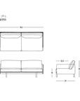 Technical drawing of the Pensive Sofa | Fabric with dimensions labeled: 78.5″ wide, 34″ high, 23″ seat height, 16″ seat depth, and 22.5° backrest angle. Wooden Stories and SOBU Oakland logos are visible, emphasizing the versatile design inspired by classic Danish sofa craftsmanship.