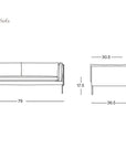 Line drawings of a sofa from front and side views with dimensions: 79” wide, 36.5” deep, 29.5” tall, and 17.5” seat height. Inspired by the timeless aesthetic of the Danish Collection, this piece features feather-filled cushions for superior comfort. Text reads “Sonder Sofa | Leather” and “Wooden Stories.”.