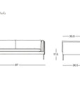 Line drawing of a sofa with dimensions: width 87, depth 36.5, seat height 17.5, total height 29.5, arm depth 30.5. Text: Sonder Sofa | Leather by Wooden Stories—part of our Danish Collection and inspired by the timeless elegance of Borge Mogensen designs, crafted with feather-filled cushions for superior comfort. SOBU Oakland logo is in the bottom right corner.