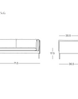 Line drawing of the Sonder Sofa | Leather by Wooden Stories with dimensions: width 71.5, seat height 17.5, overall height 29.5, depth 36.5, and arm width 30.5; features feather-filled cushions inspired by the Danish Collection and Borge Mogensen’s timeless design sensibility. SOBU Oakland logo in bottom right corner.