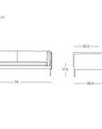 Line drawing of the Sonder Sofa | Leather by Wooden Stories with front and side views, featuring dimensions: 79” wide, 36.5” deep, 29.5” high, and a seat height of 17.5”. Inspired by the timeless elegance of the Danish Collection and designed with feather-filled cushions to ensure superior comfort. SOBO Oakland logo appears in the bottom right corner.