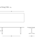 Line drawing of the Tommaso Dining Table - Brass T-Legs by SOBU, featuring a modern rectangular top and brass T-shaped legs. Includes top, front, and side views with dimensions. SOBU logo appears in the bottom right corner.