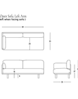 Line drawing of the Woody Sofa (One Arm) by SOBU in White Ash with Natural Kapok cushions, left-arm configuration, showing dimensions in inches: width 84, depth 35, seat depth 25, seat height 19, back height 35, arm height 27, leg height 8. Features organic kapok cushions for enhanced comfort and eco-friendly appeal. SOBU Oakland logo in bottom right corner.