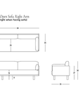 Line drawings of the Woody Sofa (One Arm) by SOBU, featuring a right-arm design in white ash with natural kapok cushions. Dimensions: 84" wide, 35" high, and 36" deep. Includes side and front views. Crafted according to sustainable furniture principles and equipped with organic cushions for exceptional comfort. SOBU Oakland logo appears in the lower right corner.