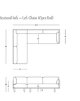 Diagram of a left-chaise Woody Sectional Sofa - Espresso Ash and Fog with detailed measurements in inches. Includes top and side views and the SOBU logo in the bottom right corner. Features a solid ash frame for enhanced durability and style.