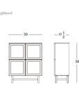 Line drawing of a four-door cabinet (39" W x 17.5" D x 38" H). Text reads Yorke Highboard by Wooden Stories. Wooden Stories logo appears in the lower right corner.