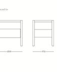 Line drawing of a nightstand with Danish lines, shown front and side, measuring 23.5" W x 17.5" D x 21.5" H. Minimal design with open shelves. Text: Theo Nightstand Wide, Wooden Stories.