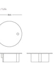 Line drawing of the Pivot Coffee Table | Round by Wooden Stories, a solid wood table with round top and small circular cutout, shown from top and side views; dimensions: 39.5" wide, 14" high. Wooden Stories logo in lower right corner.