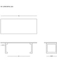 Line drawing with dimensions of the Tommaso Dining Table – Curved Metal Legs by SOBU, showing top, side, and end views. The SOBU logo is displayed in the bottom right corner.