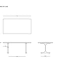 Technical drawing of the Tommaso Dining Table - Brass T-Legs by SOBU, showing top, side, and end views with measurements. Features solid wood construction with brass T-shaped legs. "SOBU" logo appears in the bottom right corner.