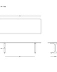 Technical line drawing of the SOBU Tommaso Dining Table - Brass T-Legs, showing top, side, and end views with measurements in inches. SOBU logo appears in the bottom right corner.