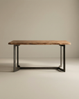 The Leviathan Live Edge Counter Table by Moes features a natural, solid acacia top and sculptural metal base, combining organic charm with modern design against a plain, light background.
